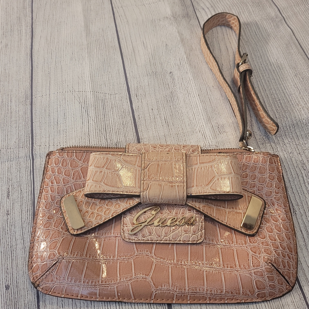 Guess Brown Croc-Embossed Wristlet with Bow